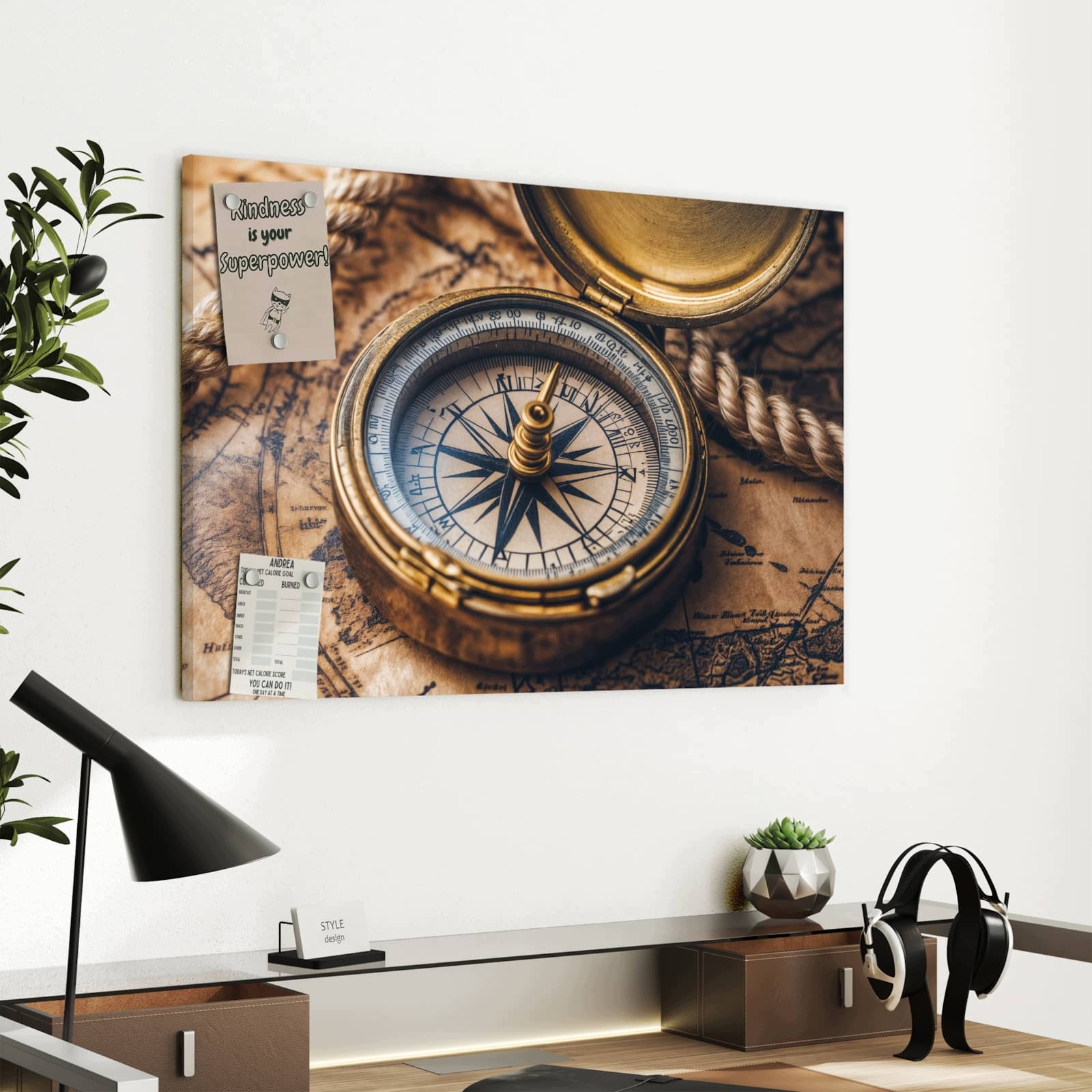 Magnetická tabule – obraz na zeď Kompas a mapa | 60 × 40 cm