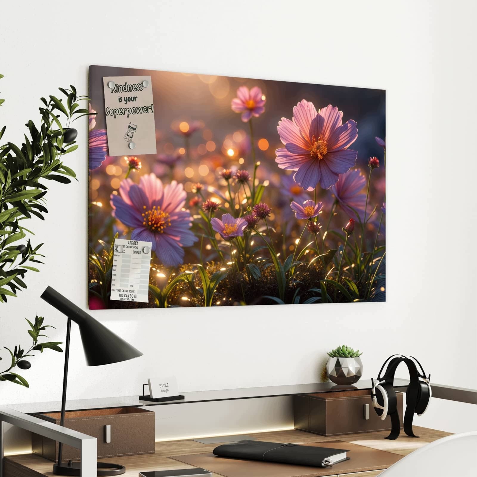 Magnetická tabule – obraz na zeď Květinová louka při východu slunce | 90 × 60 cm