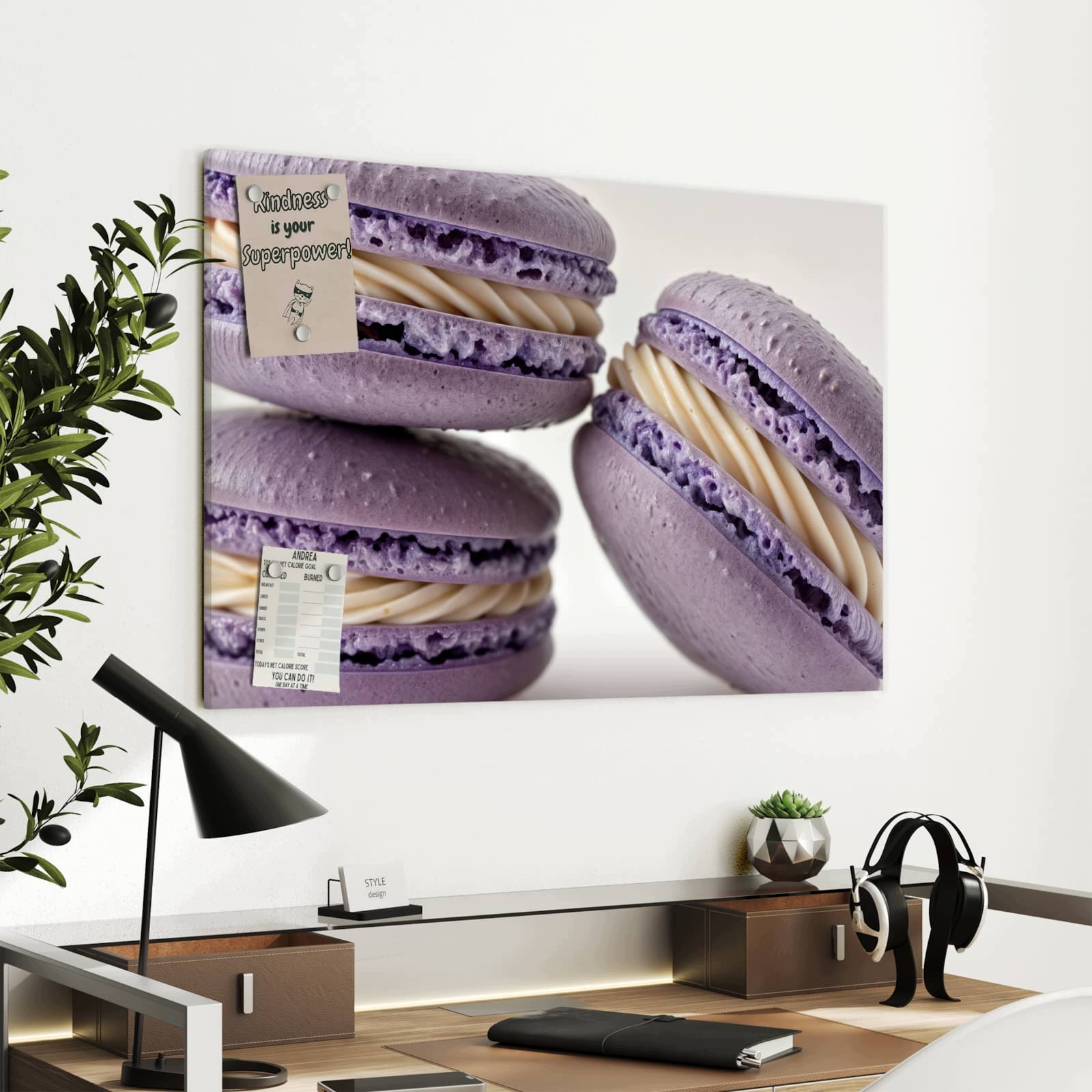 Magnetická tabule – obraz na zeď Fialové makronky | 90 × 60 cm
