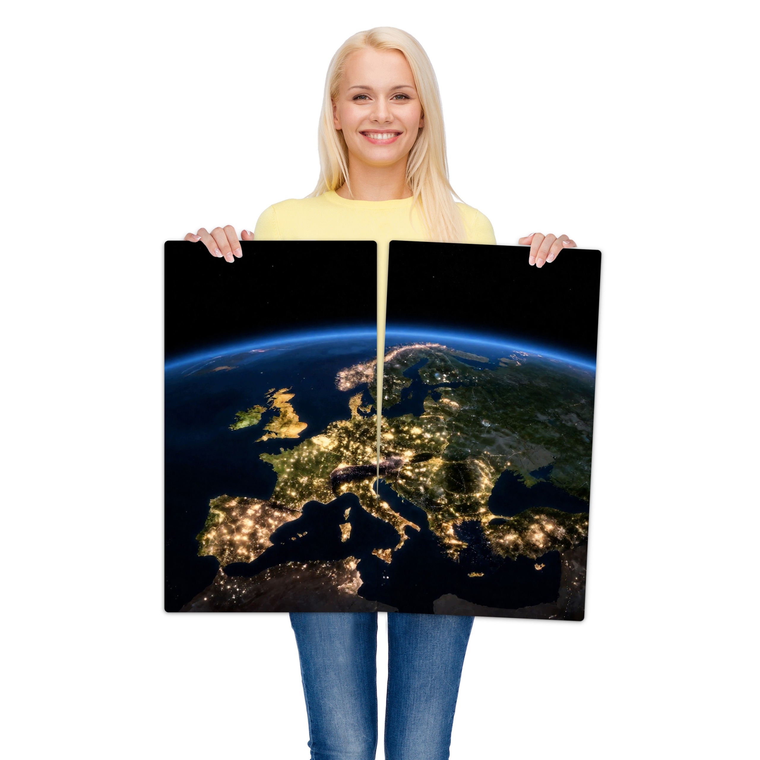 Skleněná ochranná deska za sporák a linku – Evropa v noci | 2 × 30 × 52 cm (sada 2 ks)