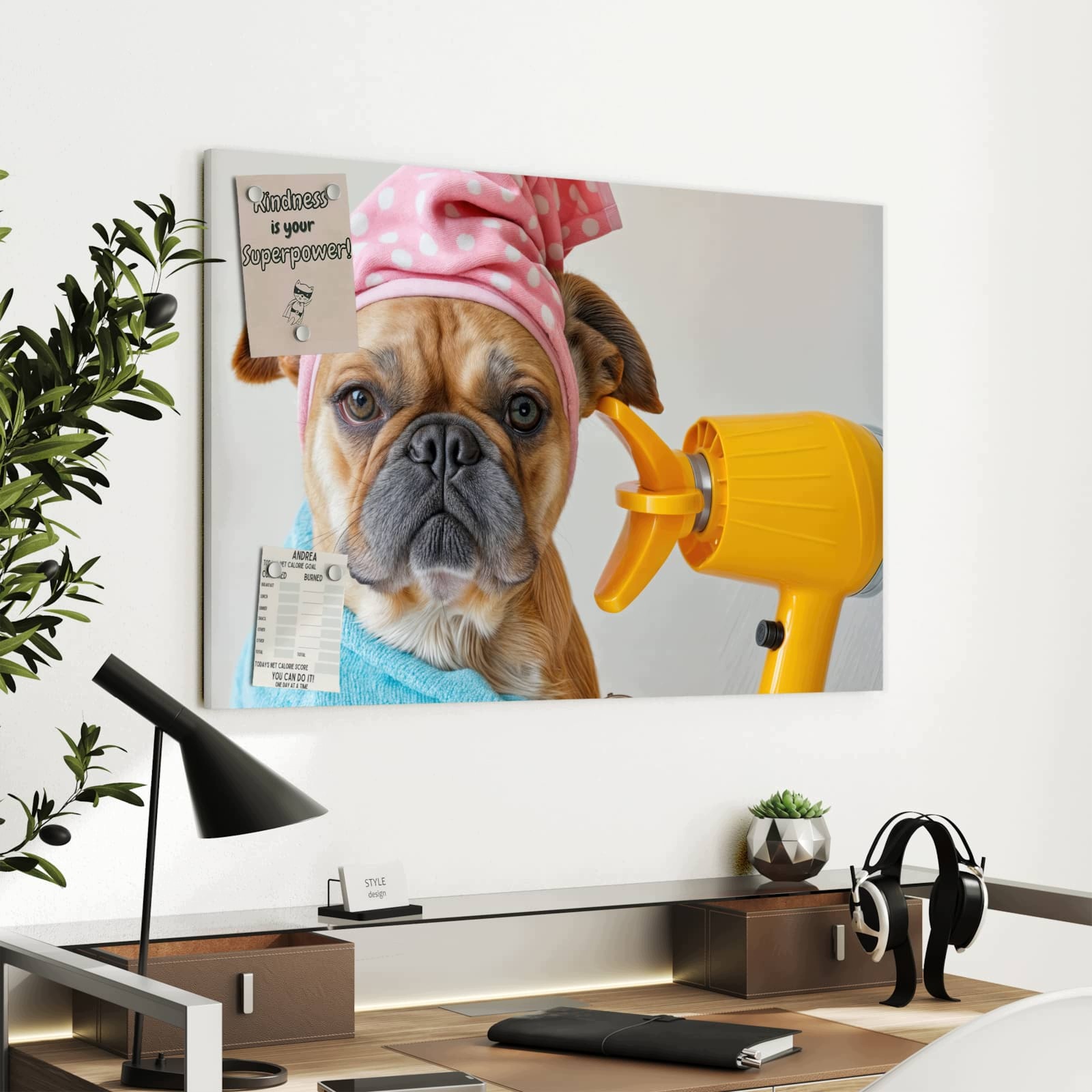 Magnetická tabule – obraz na zeď Pes na plážové osušce | 90 × 60 cm