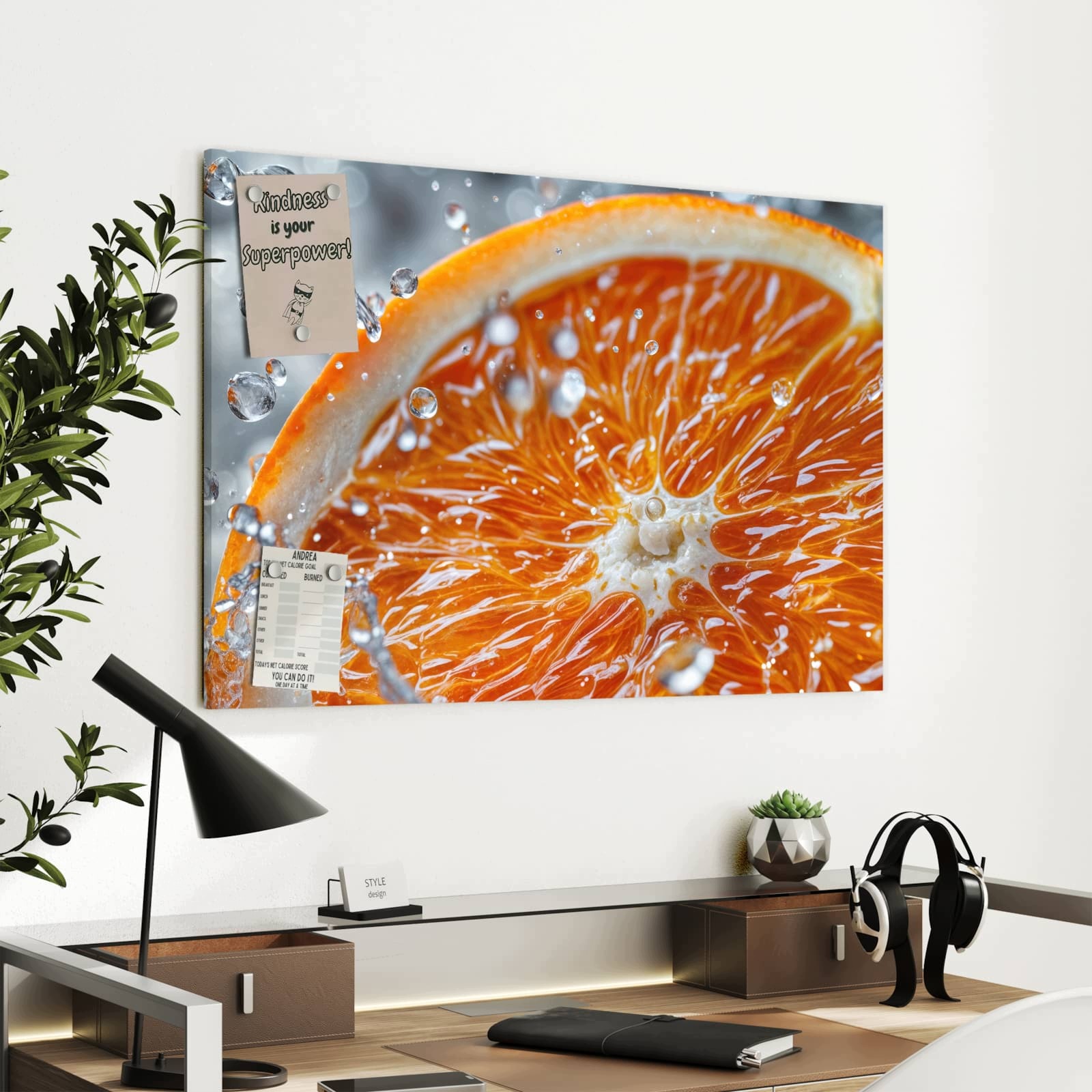 Magnetická tabule – obraz na zeď Plátek pomeranče cákance | 90 × 60 cm