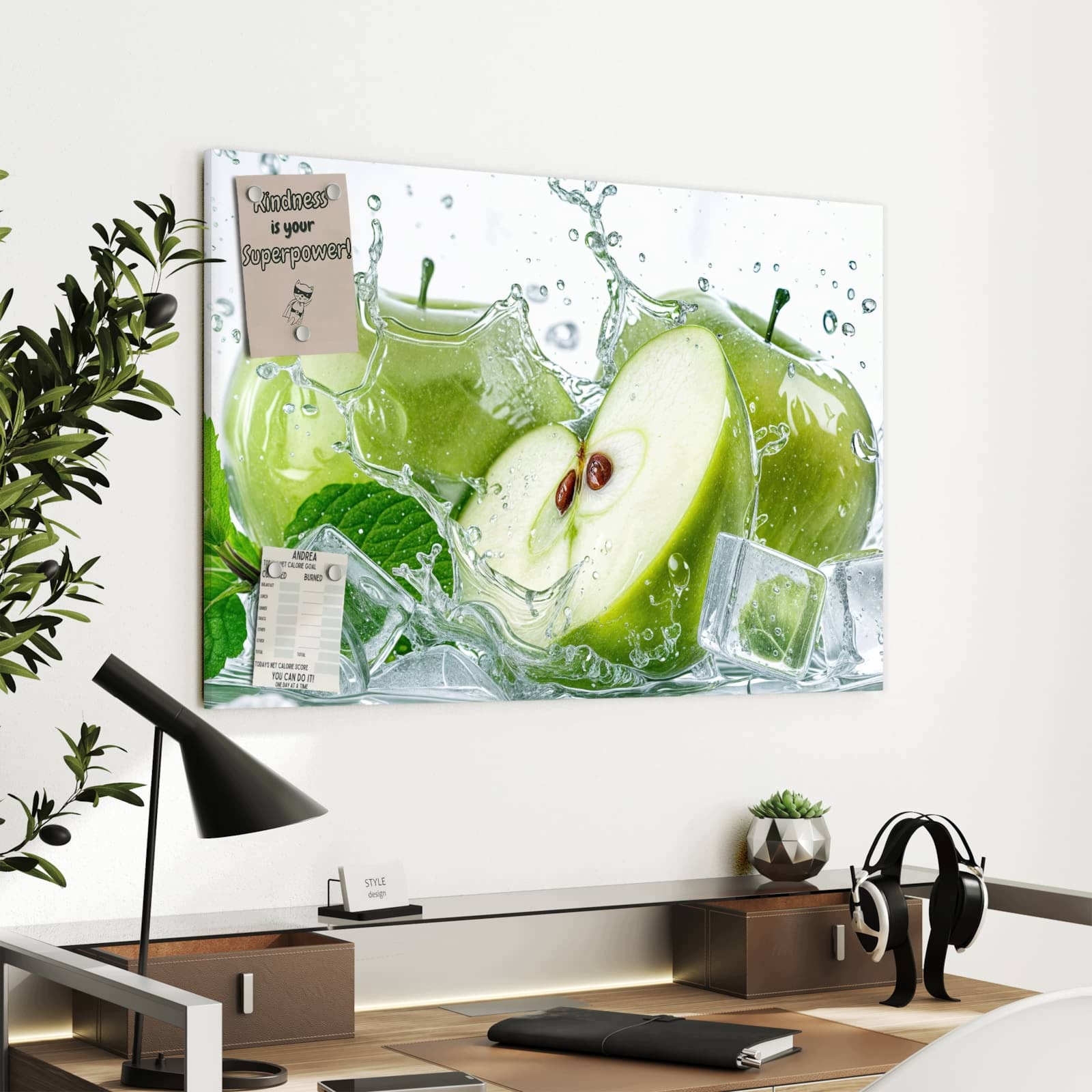 Magnetická tabule – obraz na zeď Svěží jablka cákance | 90 × 60 cm