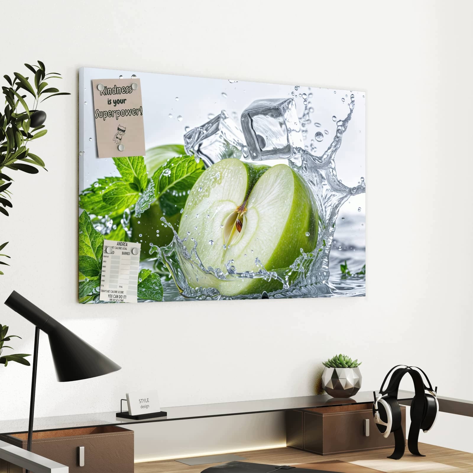 Magnetická tabule – obraz na zeď Stříkající jablko s mátou | 60 × 40 cm