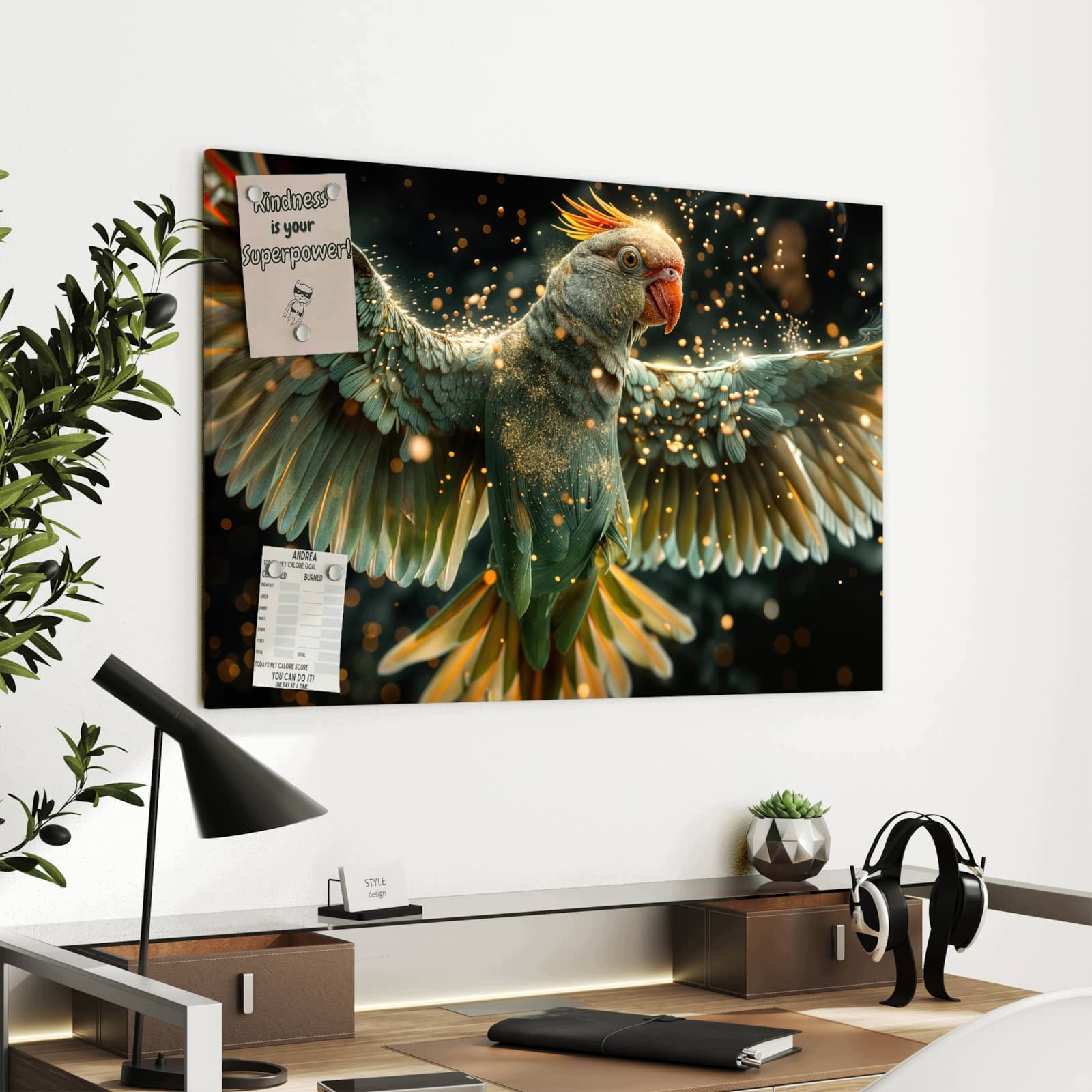Magnetická tabule – obraz na zeď Létající papoušek | 90 × 60 cm