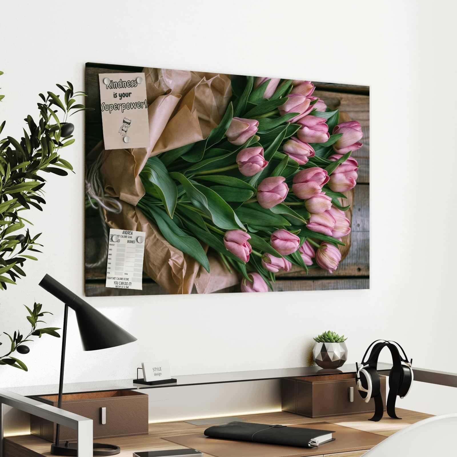 Magnetická tabule – obraz na zeď Růžová kytice tulipánů | 90 × 60 cm