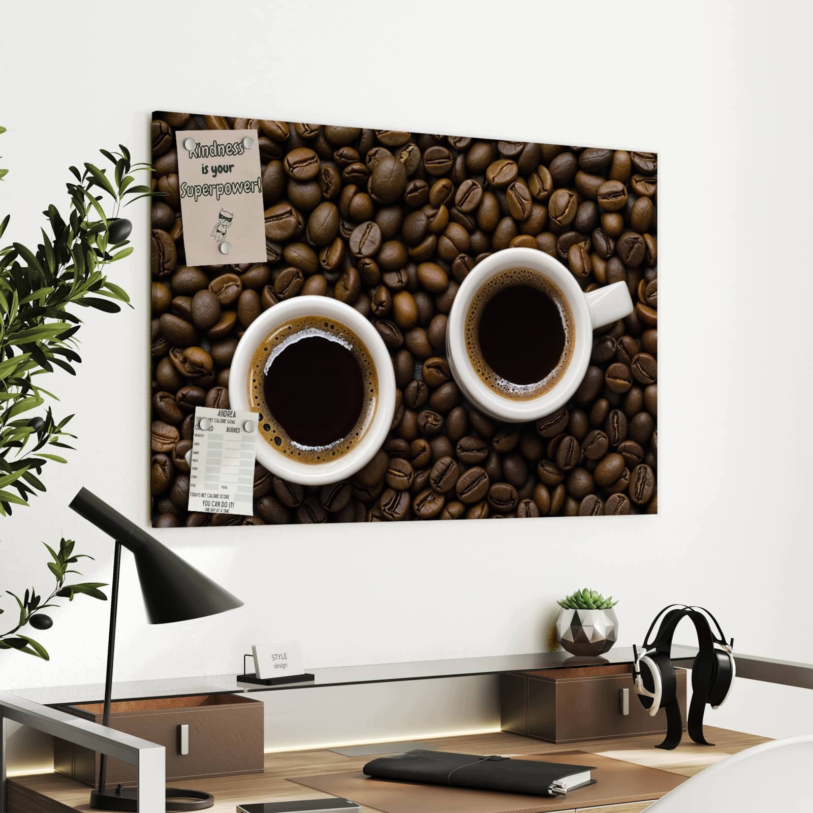 Magnetická tabule – obraz na zeď Zrnka kávy a šálky | 90 × 60 cm