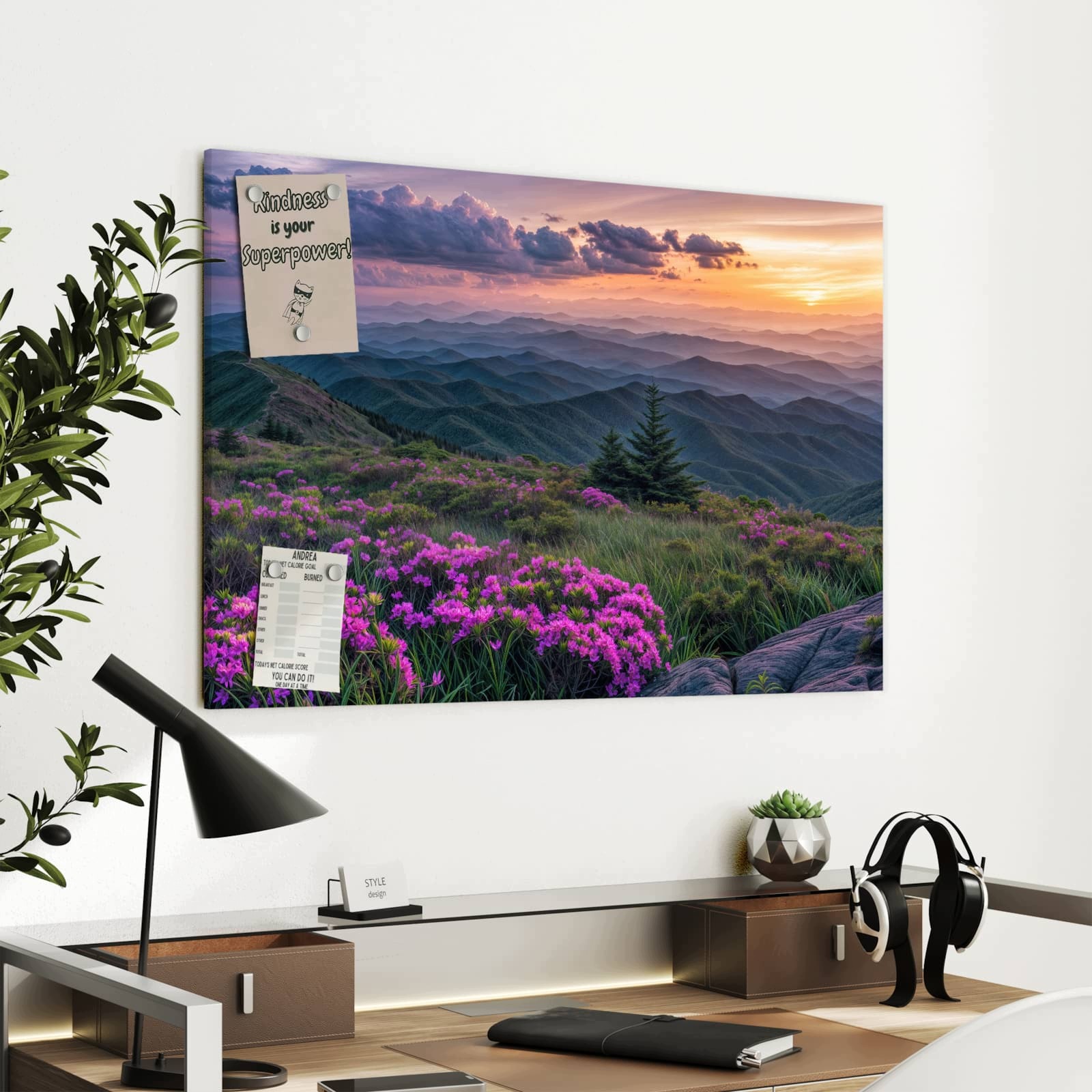 Magnetická tabule – obraz na zeď Horská krajina s květinami | 90 × 60 cm