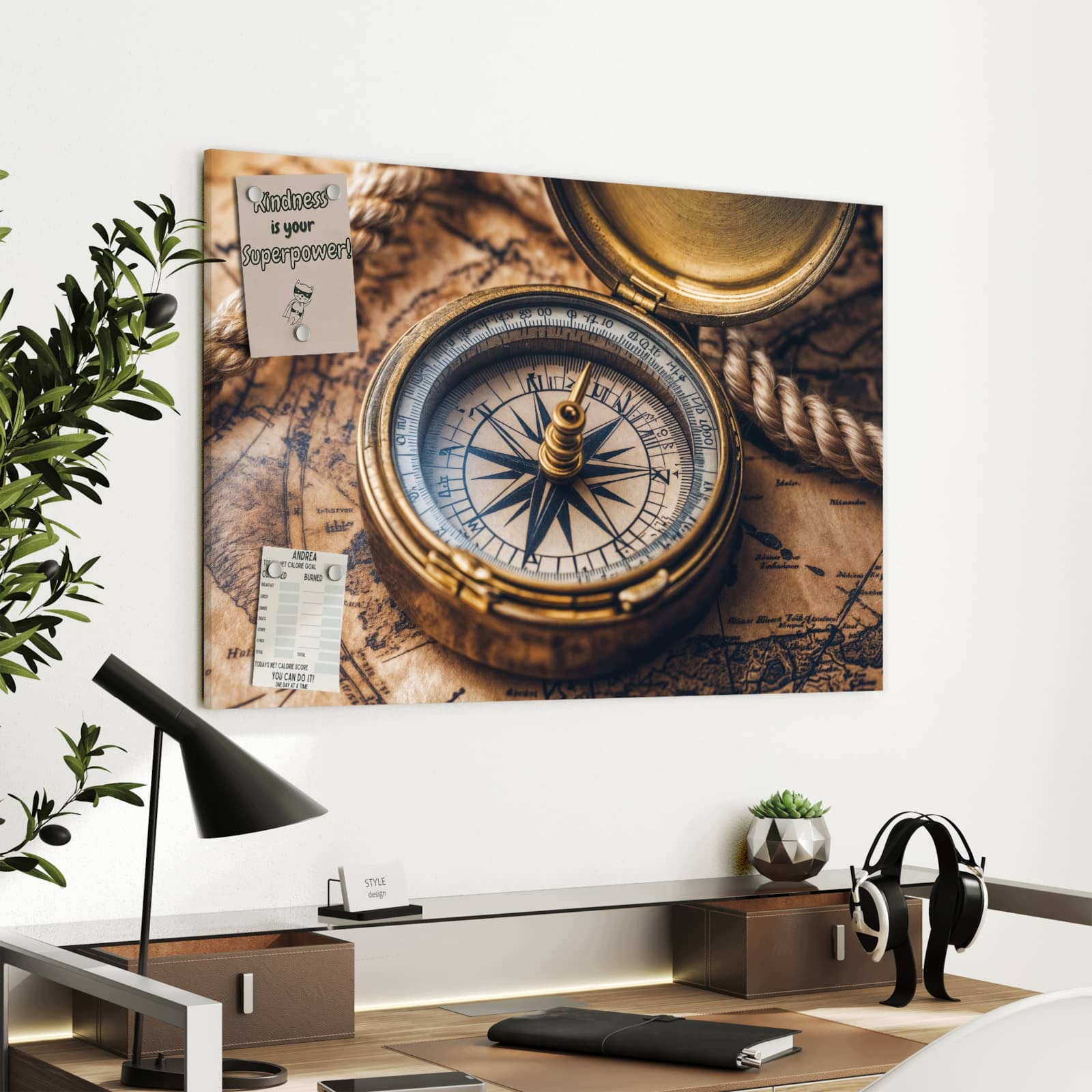 Magnetická tabule – obraz na zeď Kompas a mapa | 90 × 60 cm