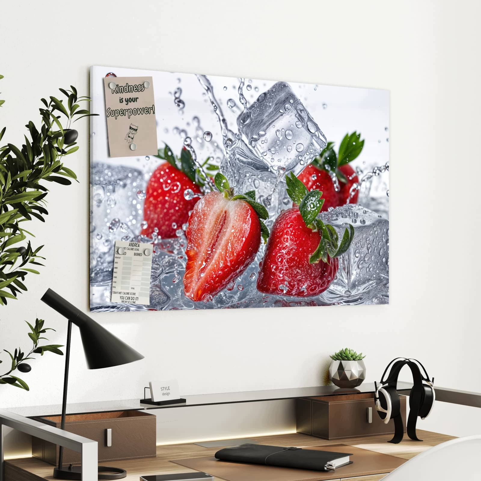 Magnetická tabule – obraz na zeď Jahody ve vodě | 90 × 60 cm
