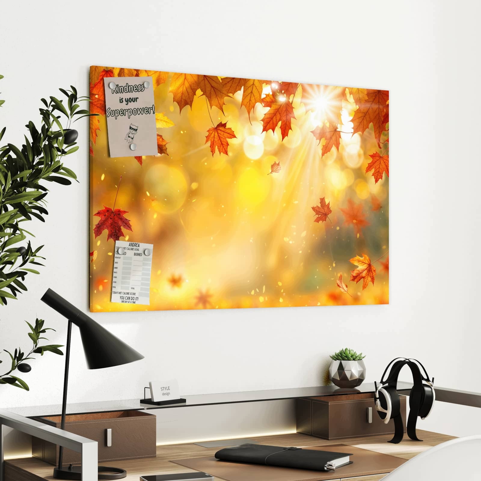 Magnetická tabule – obraz na zeď Podzimní listy slunce | 90 × 60 cm