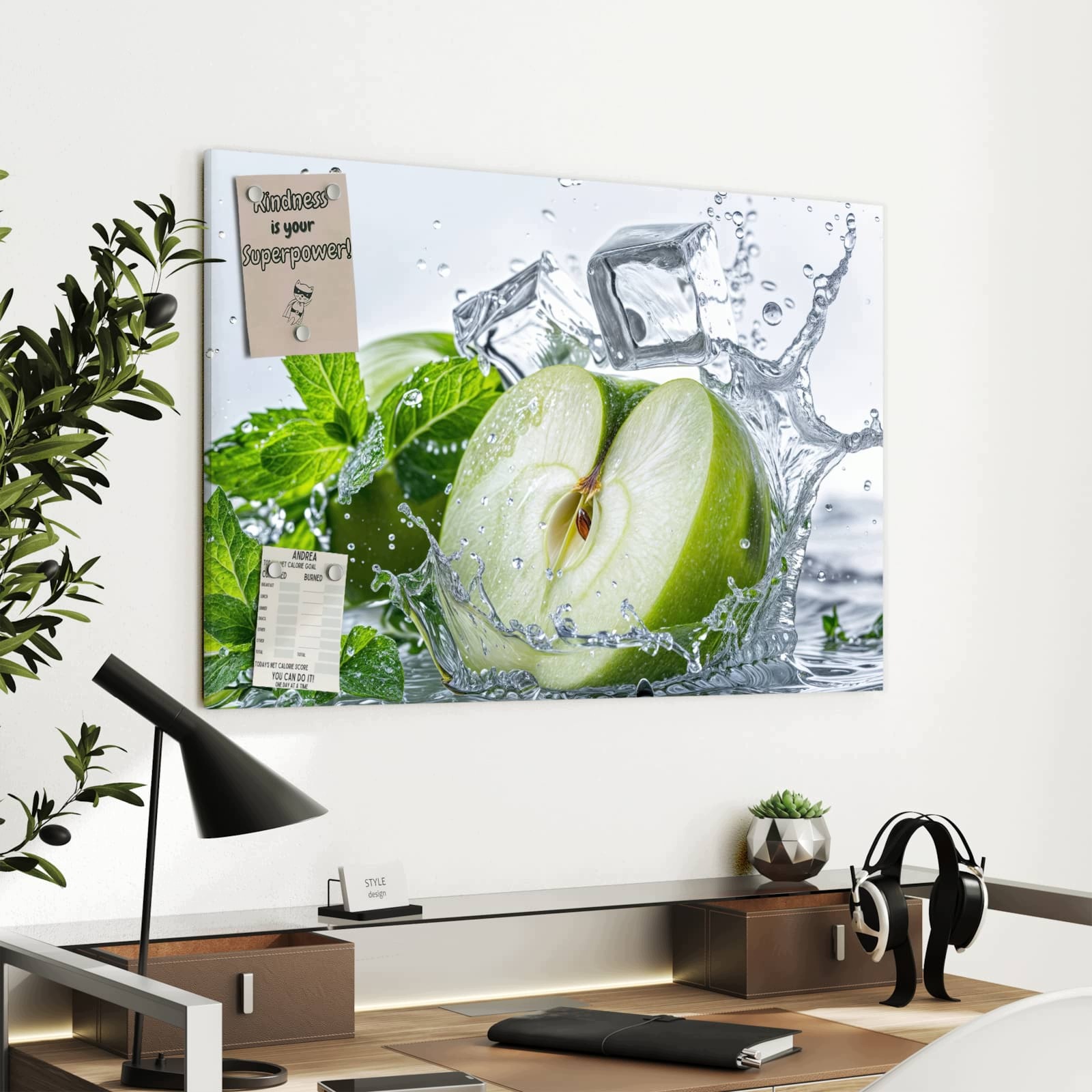 Magnetická tabule – obraz na zeď Stříkající jablko s mátou | 90 × 60 cm