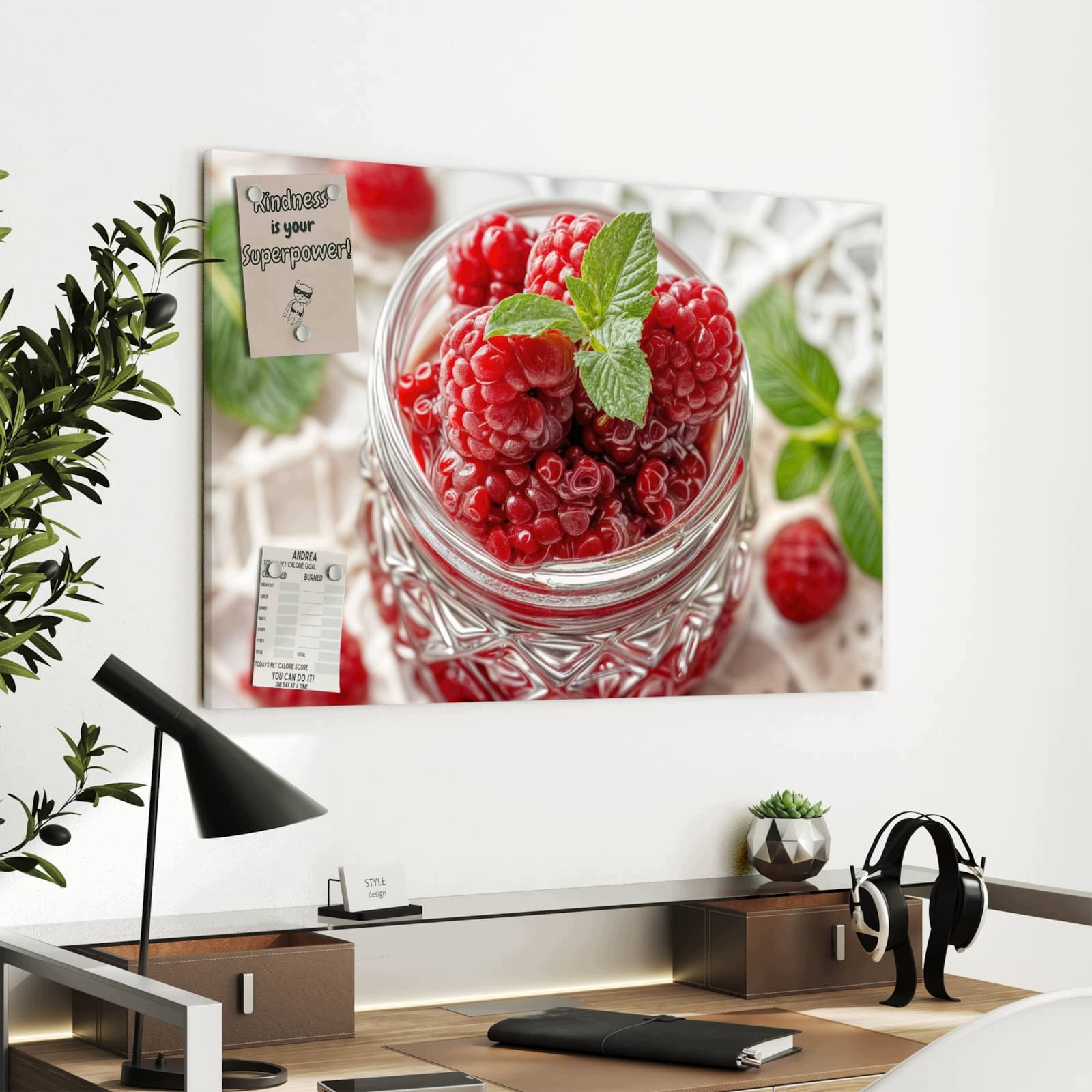 Magnetická tabule – obraz na zeď Maliny ve skle | 90 × 60 cm