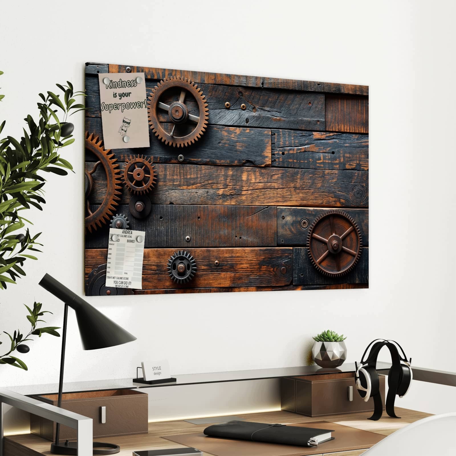 Magnetická tabule – obraz na zeď Dřevo a ozubená kola | 90 × 60 cm