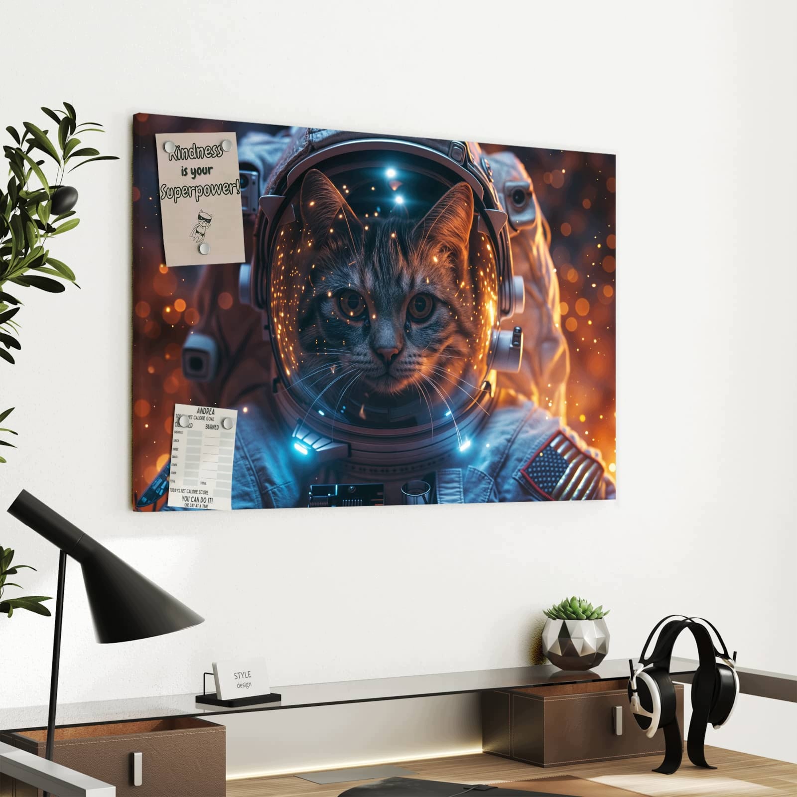 Magnetická tabule – obraz na zeď Kočka ve vesmírném skafandru | 60 × 40 cm