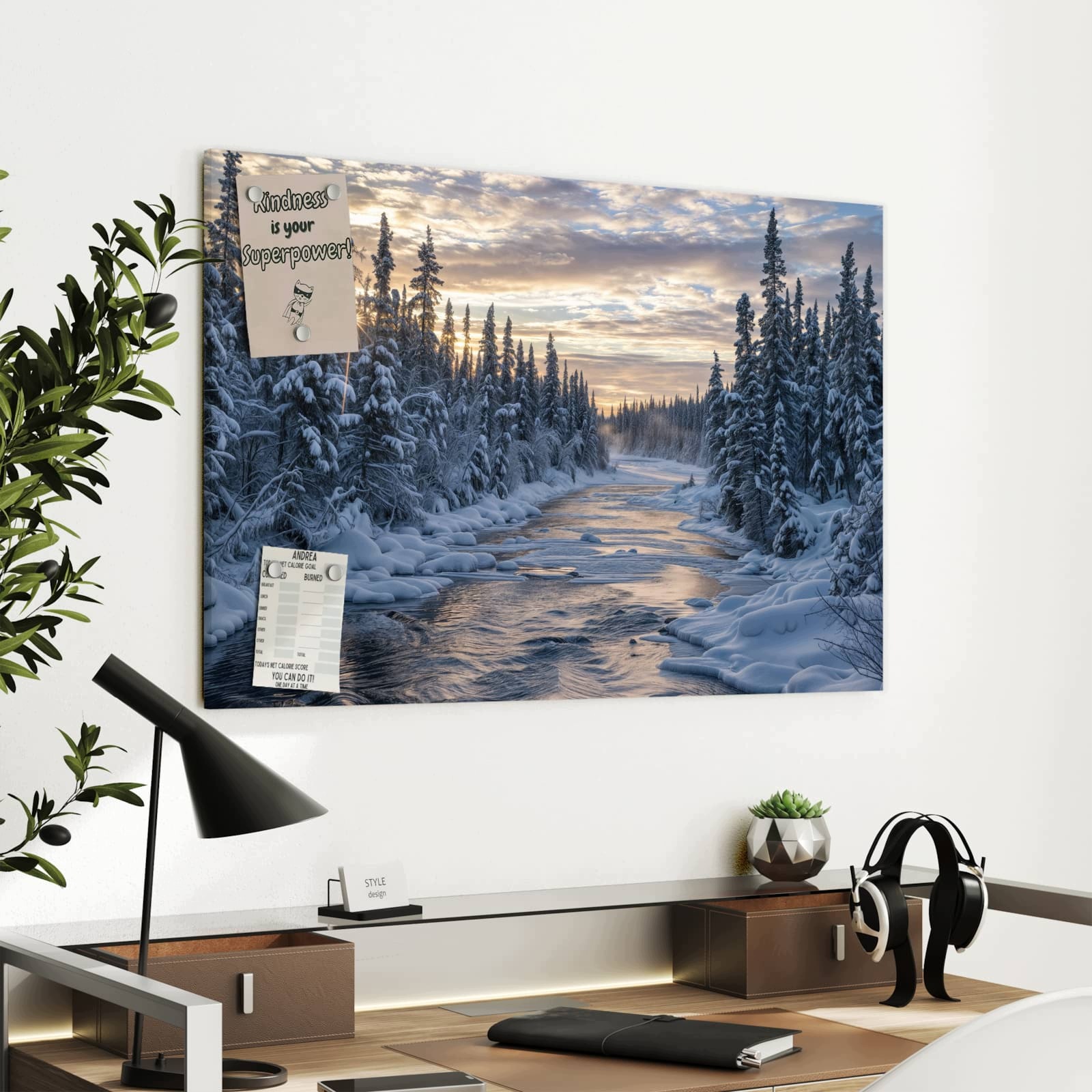 Magnetická tabule – obraz na zeď Zimní les nad řekou | 90 × 60 cm