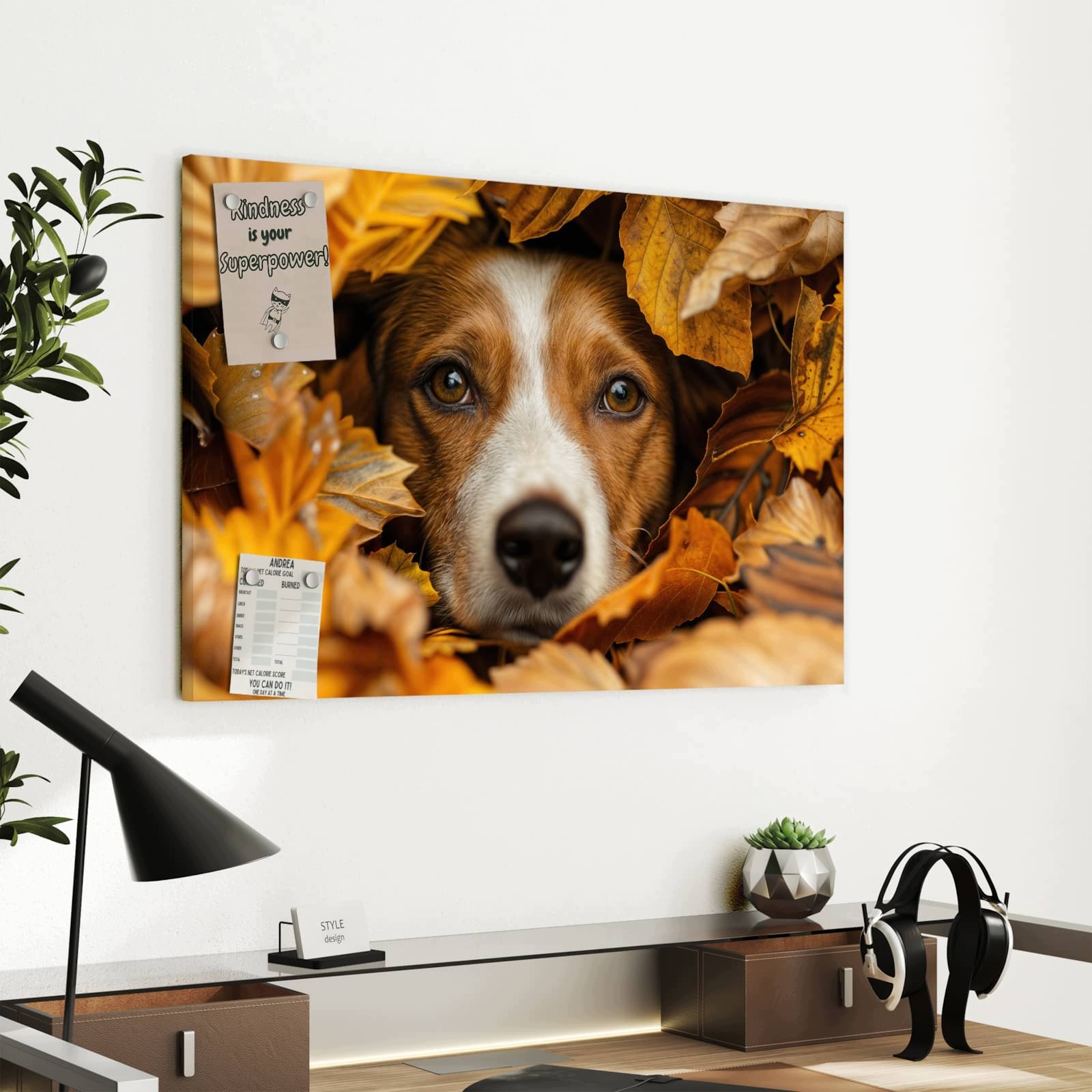Magnetická tabule – obraz na zeď Pes v podzimním listí | 60 × 40 cm