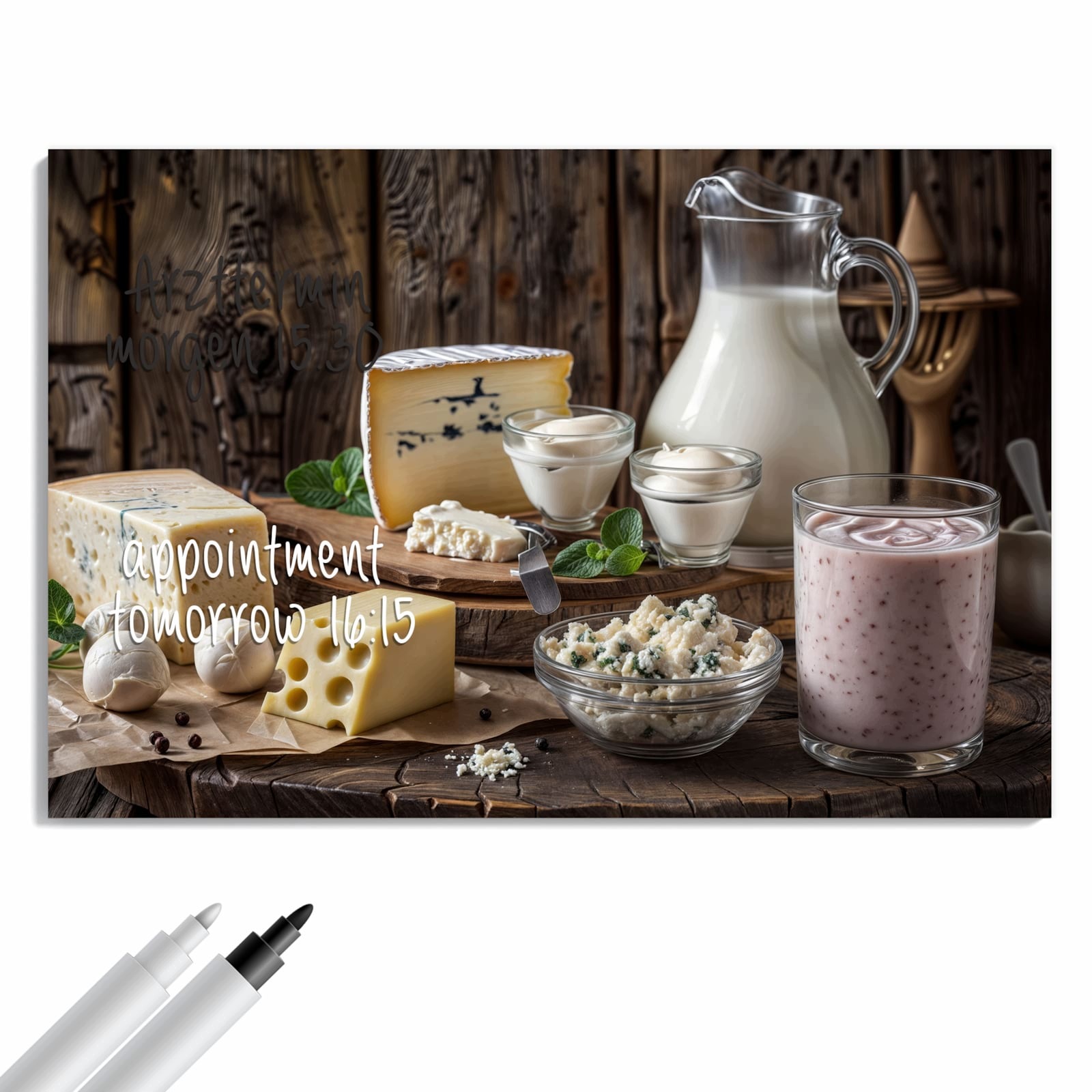 Magnetická tabule – obraz na zeď Talíř sýrů a mléko | 90 × 60 cm