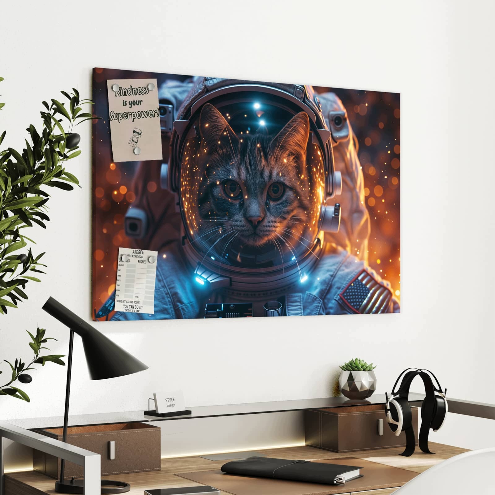 Magnetická tabule – obraz na zeď Kočka ve vesmírném skafandru | 90 × 60 cm