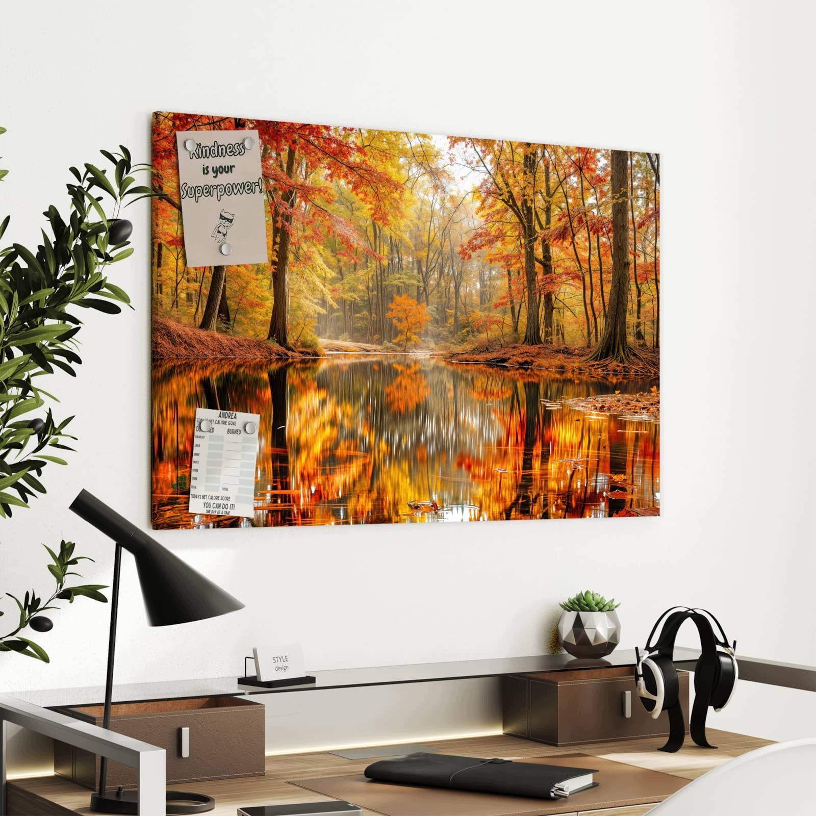 Magnetická tabule – obraz na zeď Podzimní les jezero – motiv 1 | 90 × 60 cm