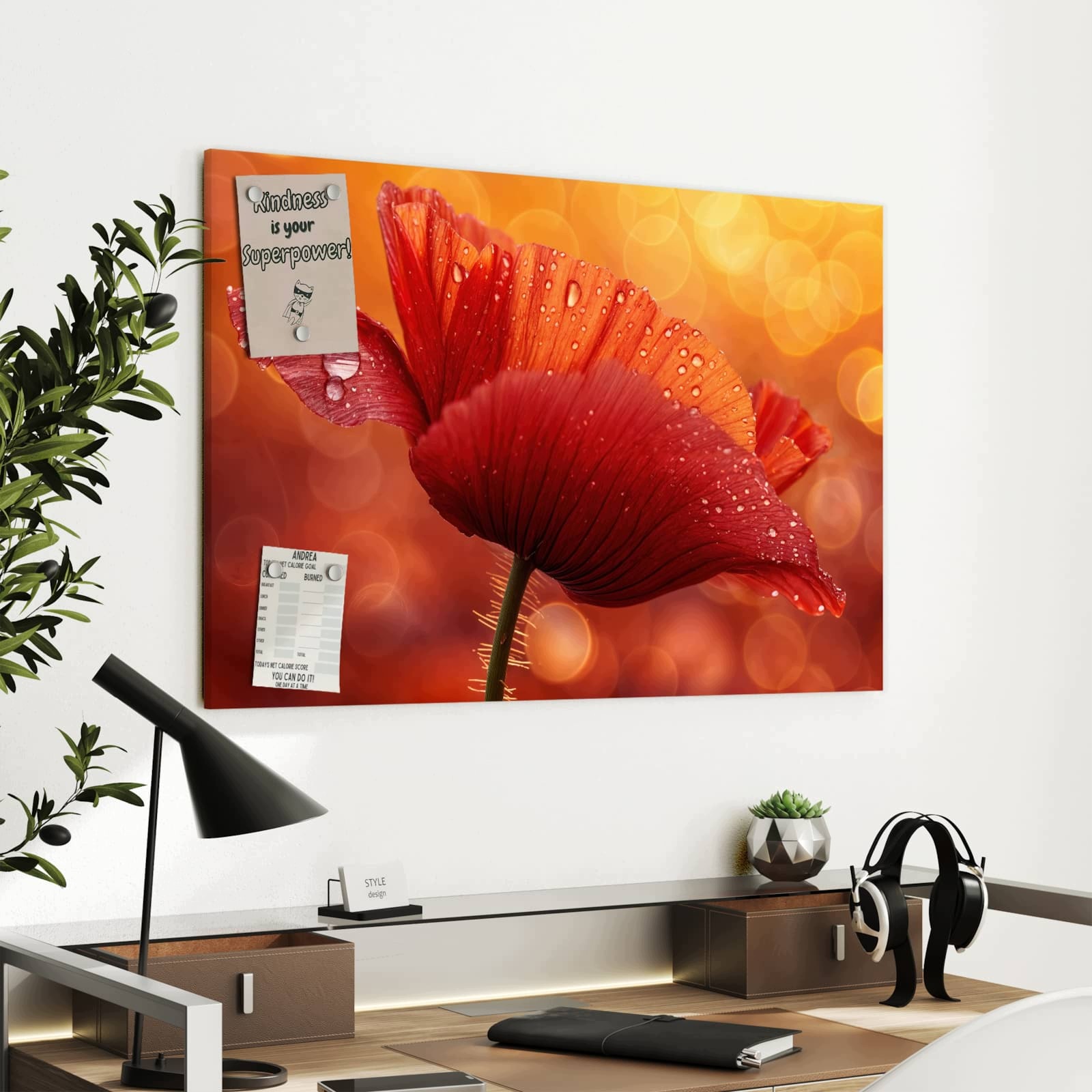 Magnetická tabule – obraz na zeď Červené kapky s květinami | 90 × 60 cm