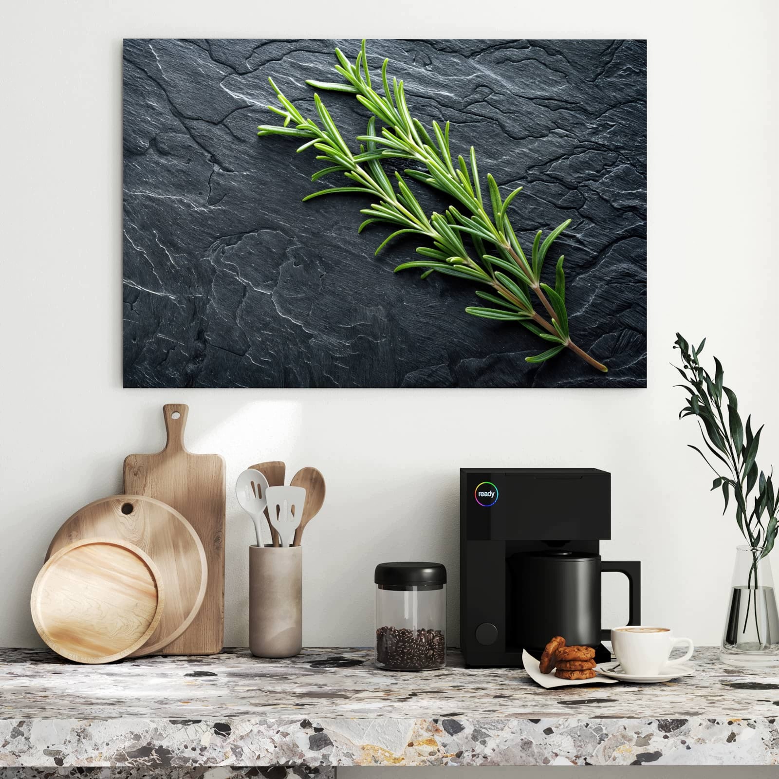 Magnetická tabule – obraz na zeď Větvička rozmarýnu na břidlici | 90 × 60 cm