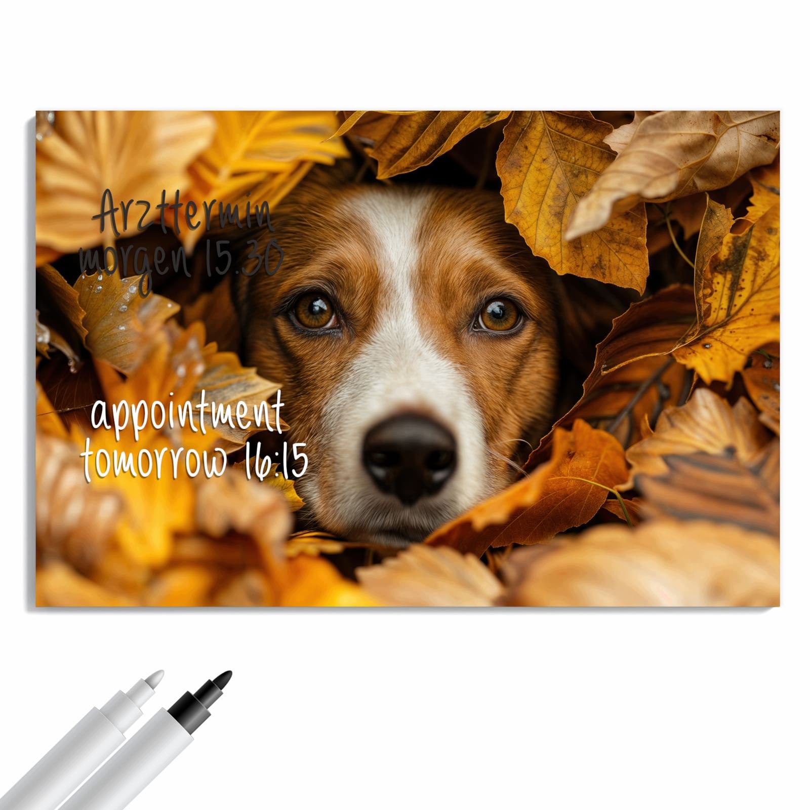 Magnetická tabule – obraz na zeď Pes v podzimním listí | 90 × 60 cm