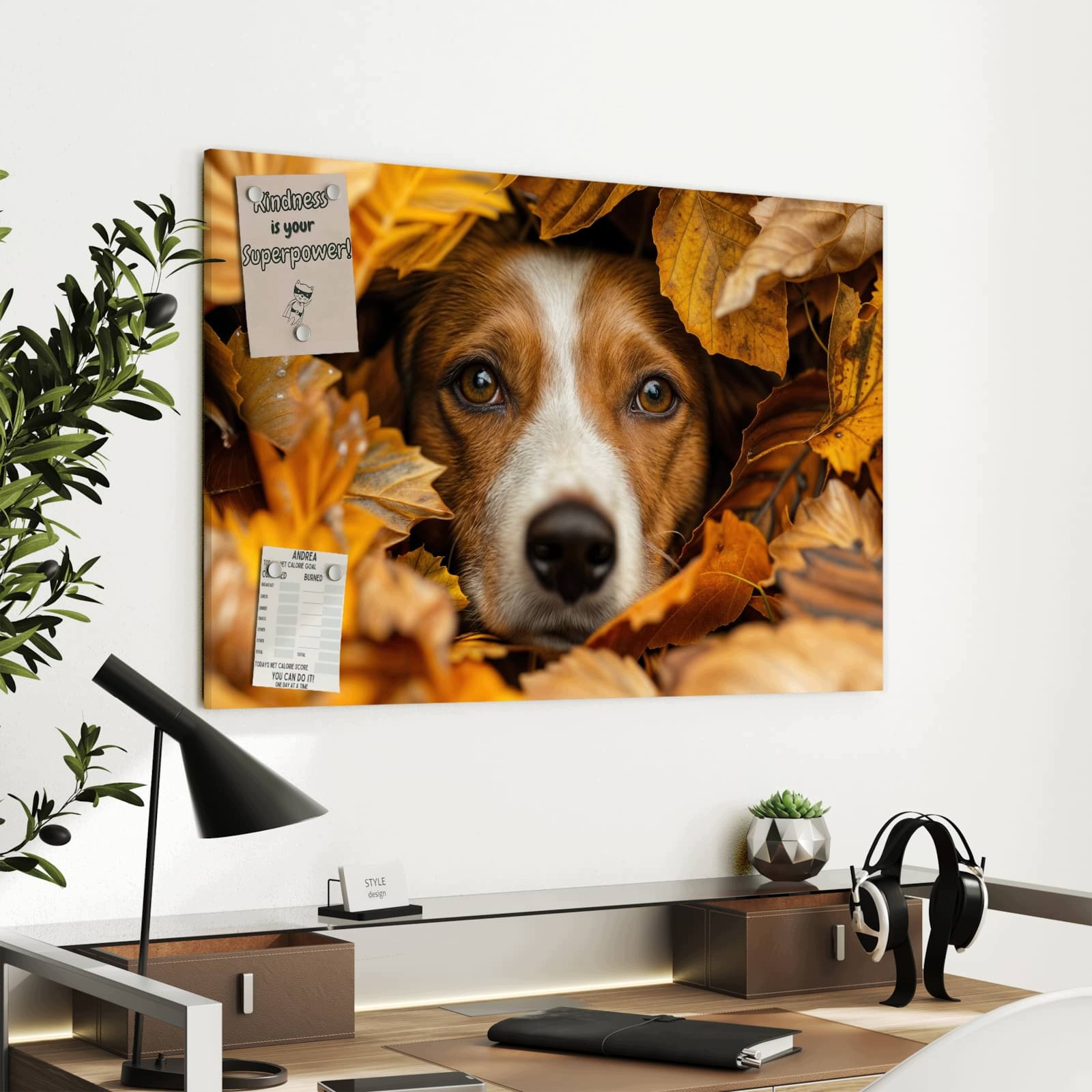 Magnetická tabule – obraz na zeď Pes v podzimním listí | 90 × 60 cm